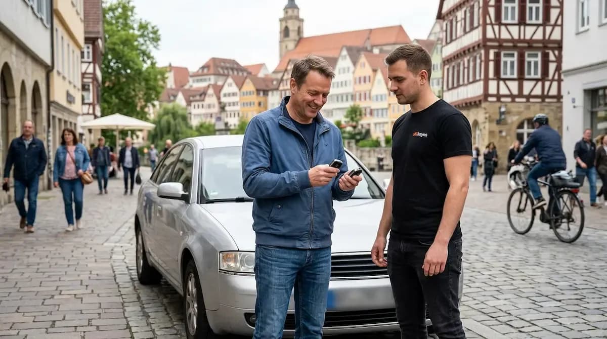 Techniker erstellt Auto Ersatzschlüssel in Tübingen vor Ort mit moderner Diagnosetechnik