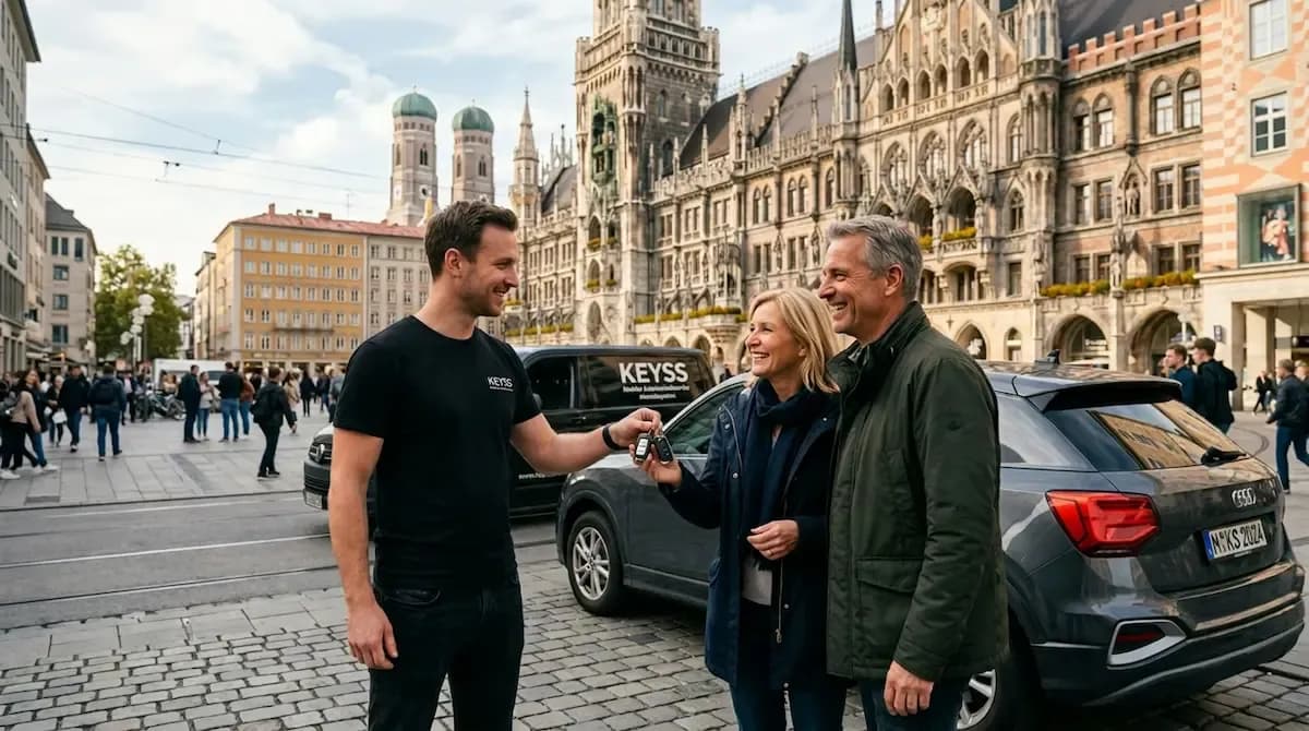 KEYSS Techniker übergibt einem Kunden neue Autoschlüssel am Marienplatz in München – Autoschlüssel nachmachen München