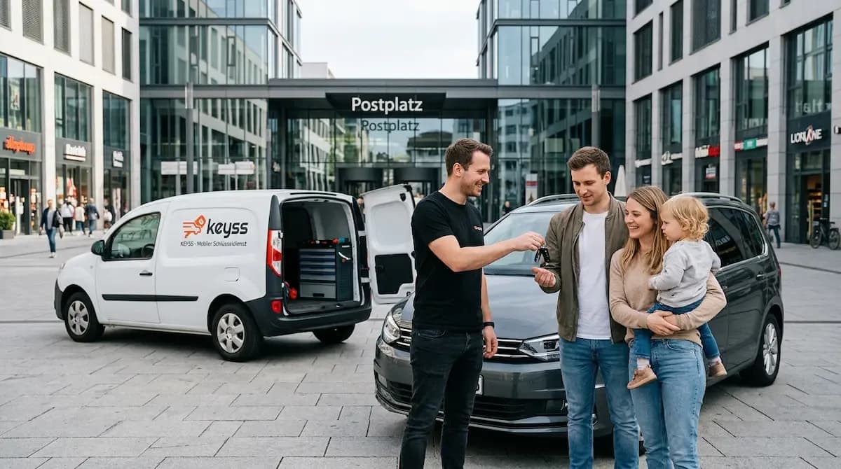 KEYSS Techniker übergibt Ersatzschlüssel an Kunden vor Fahrzeug am Postplatz Böblingen