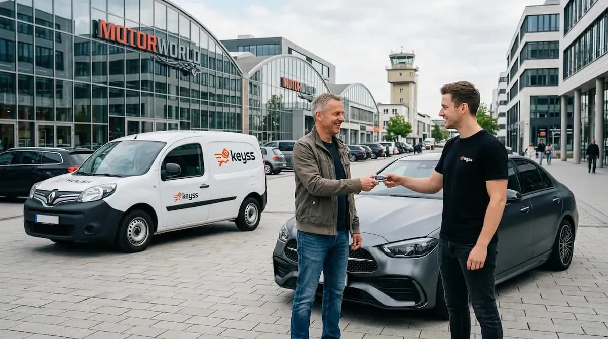 KEYSS Techniker übergibt neue Autoschlüssel an Familie am Postplatz Böblingen vor modernem Fahrzeug