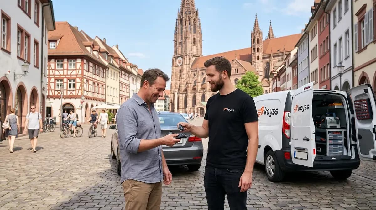 Autoschlüssel nachmachen Freiburg – KEYSS Techniker mit mobilem Vor-Ort-Service und neuem Funkschlüssel