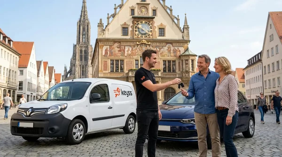 KEYSS Techniker übergibt einem Kunden in Ulm einen neu programmierten Autoschlüssel vor Ort – professioneller Autoschlüsselservice für Ersatzschlüssel, Funkschlüssel und schnelle Hilfe bei Schlüsselverlust in Ulm und Umgebung