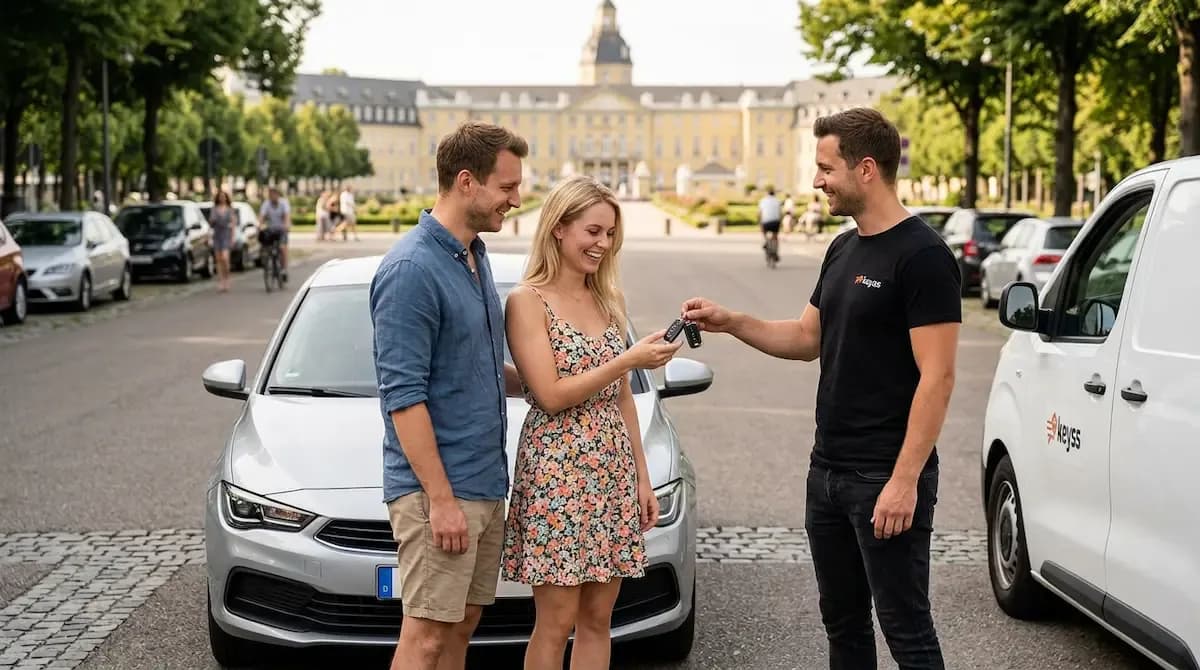Autoschlüssel nachmachen Karlsruhe – glücklicher Kunde erhält neuen Autoschlüssel vom mobilen KEYSS Techniker