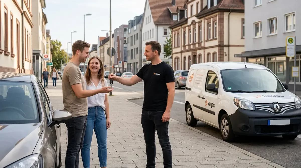 Autoschlüssel nachmachen Pforzheim – KEYSS Techniker mit Ersatzschlüssel und mobilem Vor-Ort-Service am Kundenfahrzeug