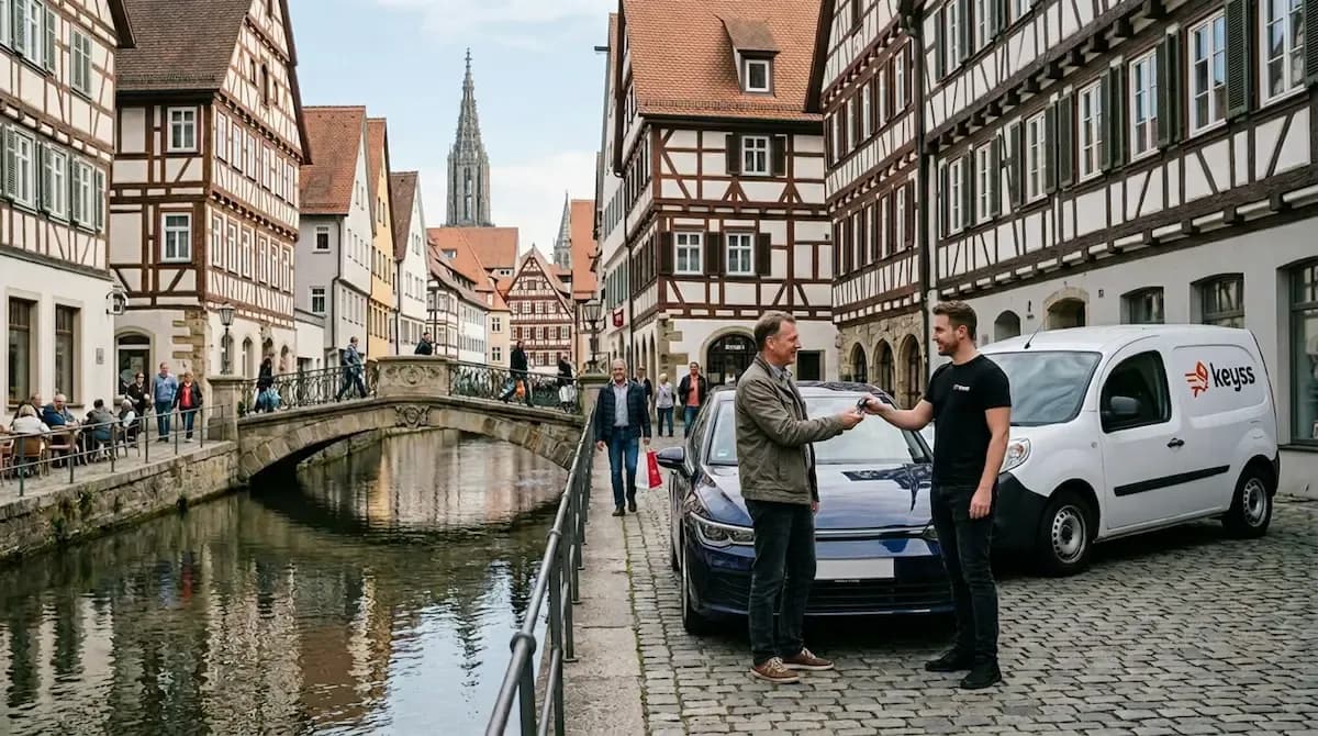 KEYSS Techniker übergibt einem Kunden in Ulm einen neuen Ersatzschlüssel direkt am Fahrzeug – professioneller Service für Autoschlüssel nachmachen, Funk- und Keyless-Schlüssel in Ulm