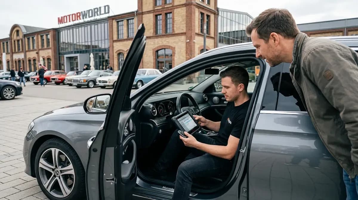 KEYSS Techniker programmiert Autoschlüssel mit Diagnosegerät im Fahrzeug in Böblingen