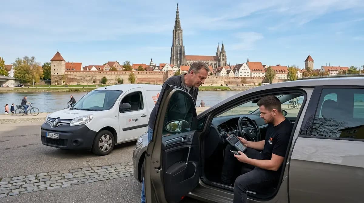 KEYSS Techniker programmiert in Ulm einen Autoschlüssel direkt im Kundenfahrzeug mit modernem Diagnosegerät – professionelle Autoschlüssel Programmierung für Funk- und Keyless-Systeme
