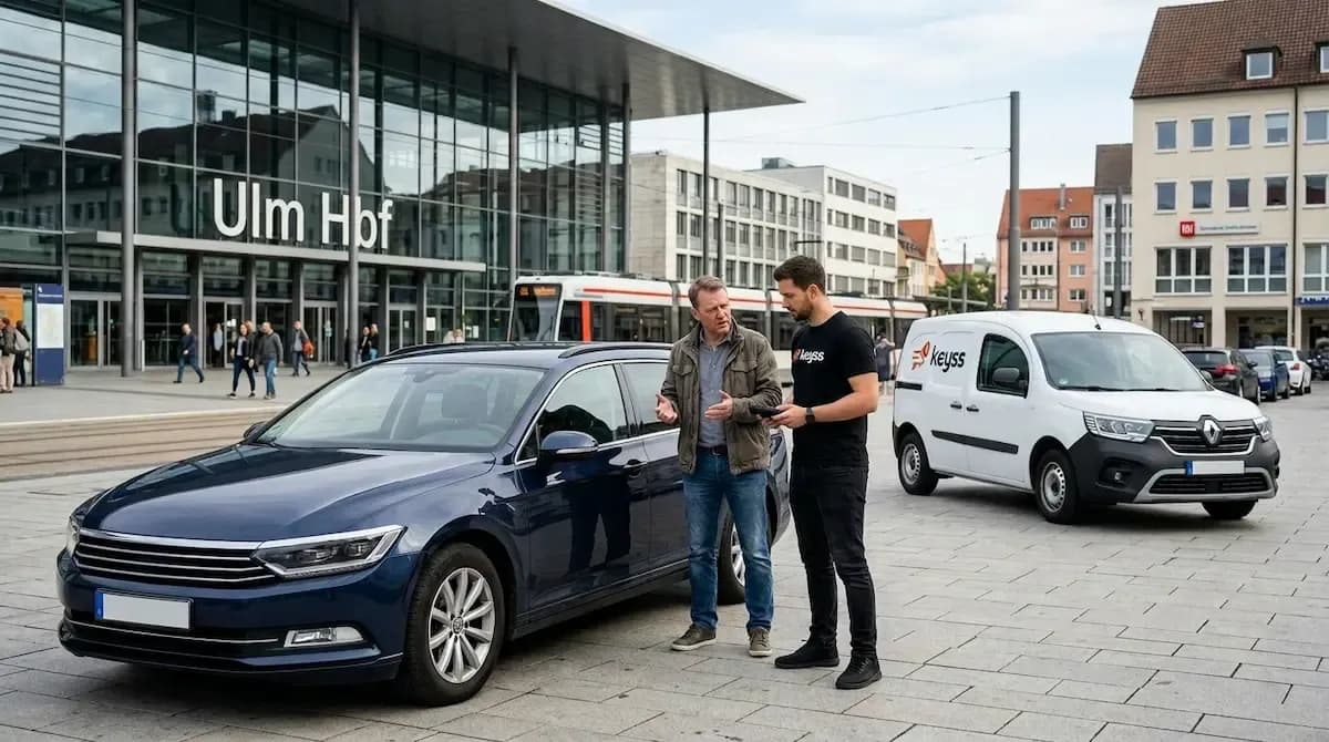 Kunde steht verzweifelt neben seinem Fahrzeug in Ulm nachdem der Autoschlüssel verloren wurde – KEYSS Techniker hilft schnell vor Ort mit Ersatzschlüssel und professioneller Autoschlüssel-Programmierung