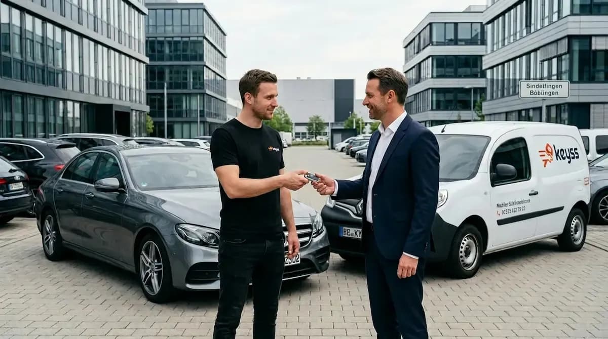 KEYSS Techniker übergibt neuen Mercedes Autoschlüssel an Kunden in Böblingen vor Mercedes Fahrzeug